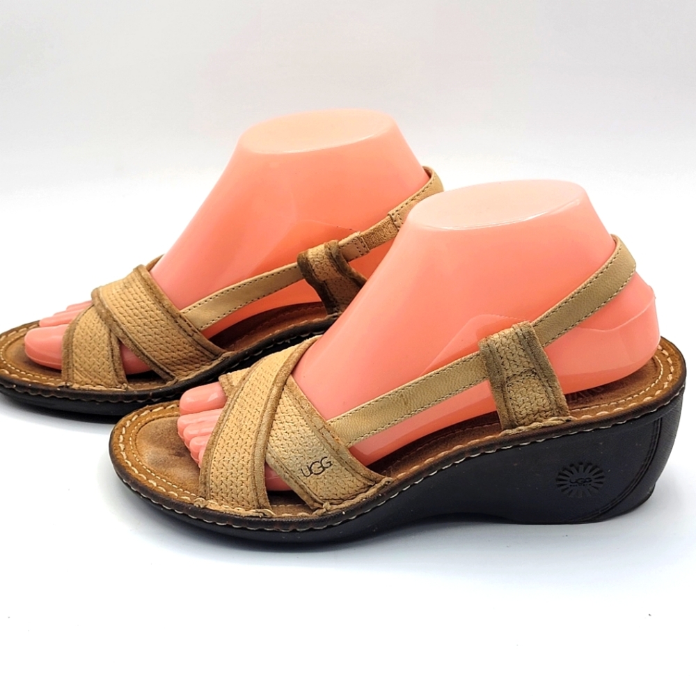 UGG Mayley Beige/Tan Leather‎ Slingback Wedge Sandals Women Size 7 #1393